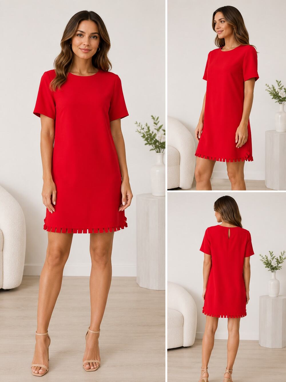 Osman Red Shift Mini Short Sleeves Crepe Dress Women's Size 6